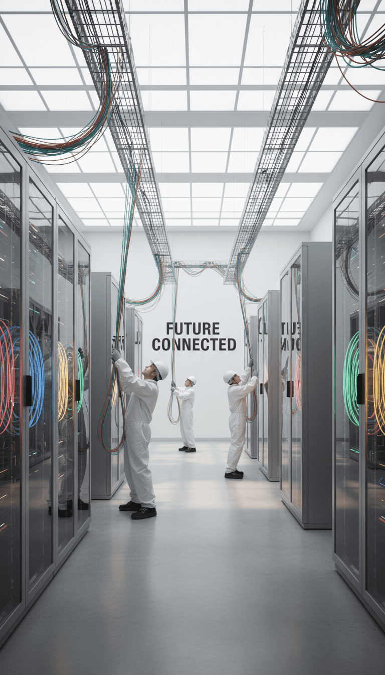 Técnico a instalar cabos de fibra ótica num datacenter moderno