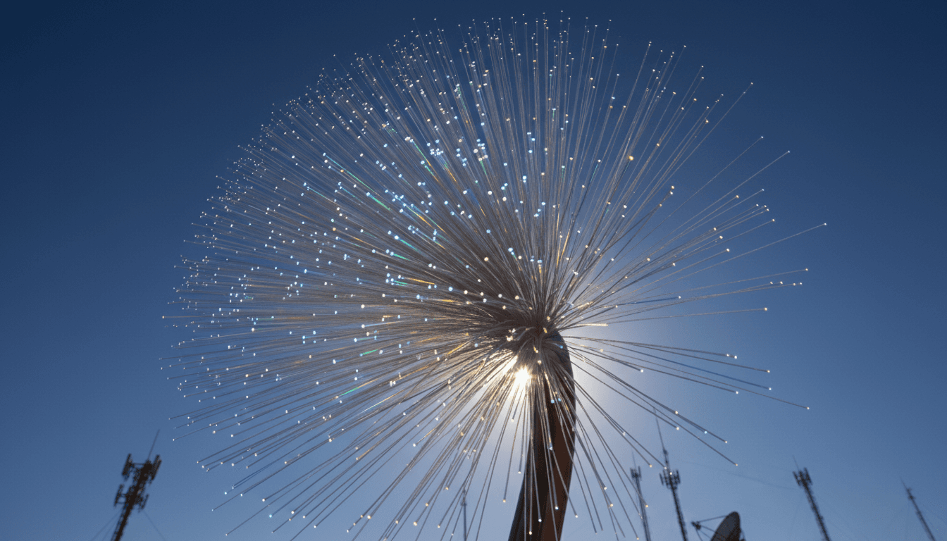 Cabos de fibra ótica contra o céu azul, captados de baixo para cima, com luz a refratar nos filamentos de vidro