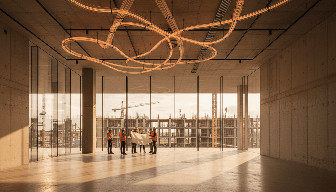 Engenheiros a analisar planos de rede num edifício moderno com infraestrutura de fibra ótica visível